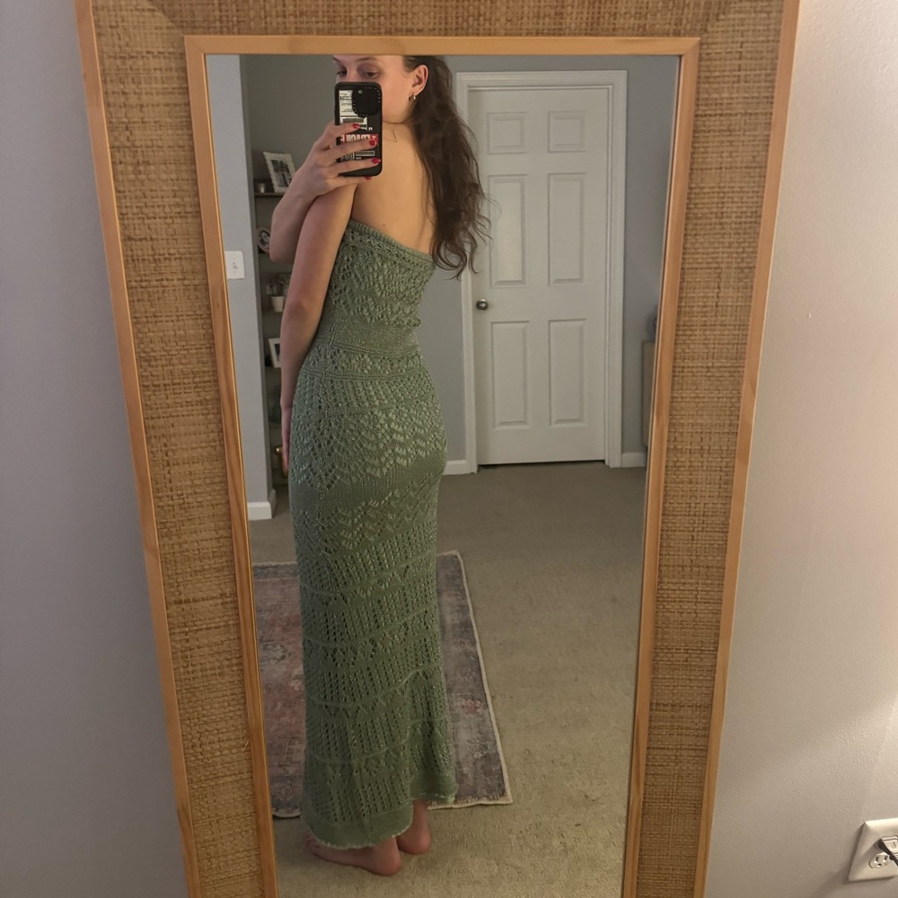 SNDYS x Revolve Strapless Crotchet Maxi Dress in Green Shimmer - Picture 5 of 5